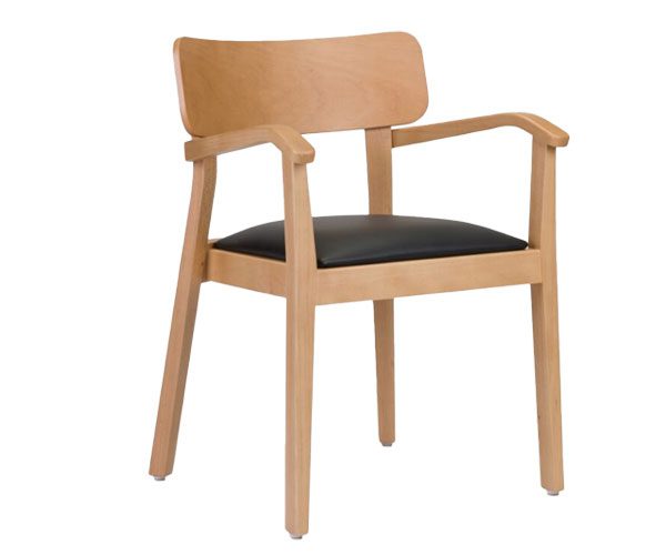 A wooden chair with a black seat cushion