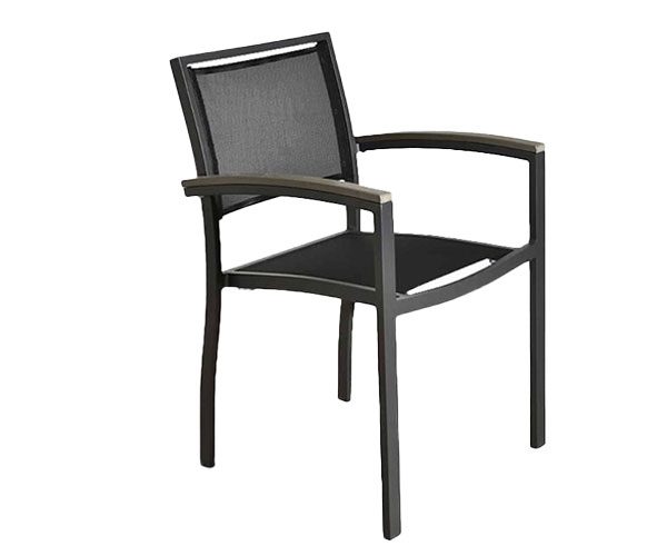 A drak grey arms chair on a white background