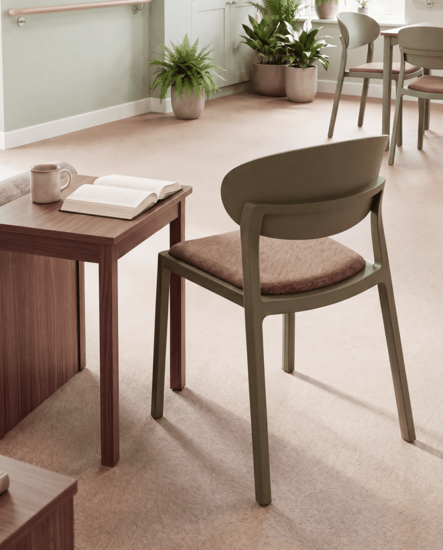 Senior care lightweight stackable plastic chair, easy to clean and move, for activity rooms and patios in retirement residences by KECA.