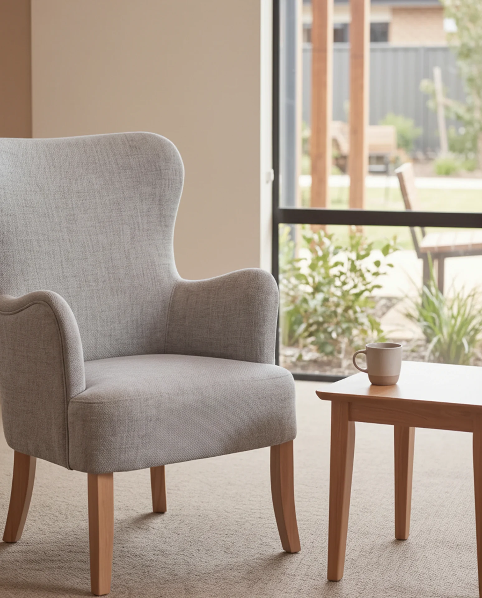Senior care lounge armchair with supportive arms and a firm cushioned seat that helps residents rise easily, in a care-residence lounge by KECA.
