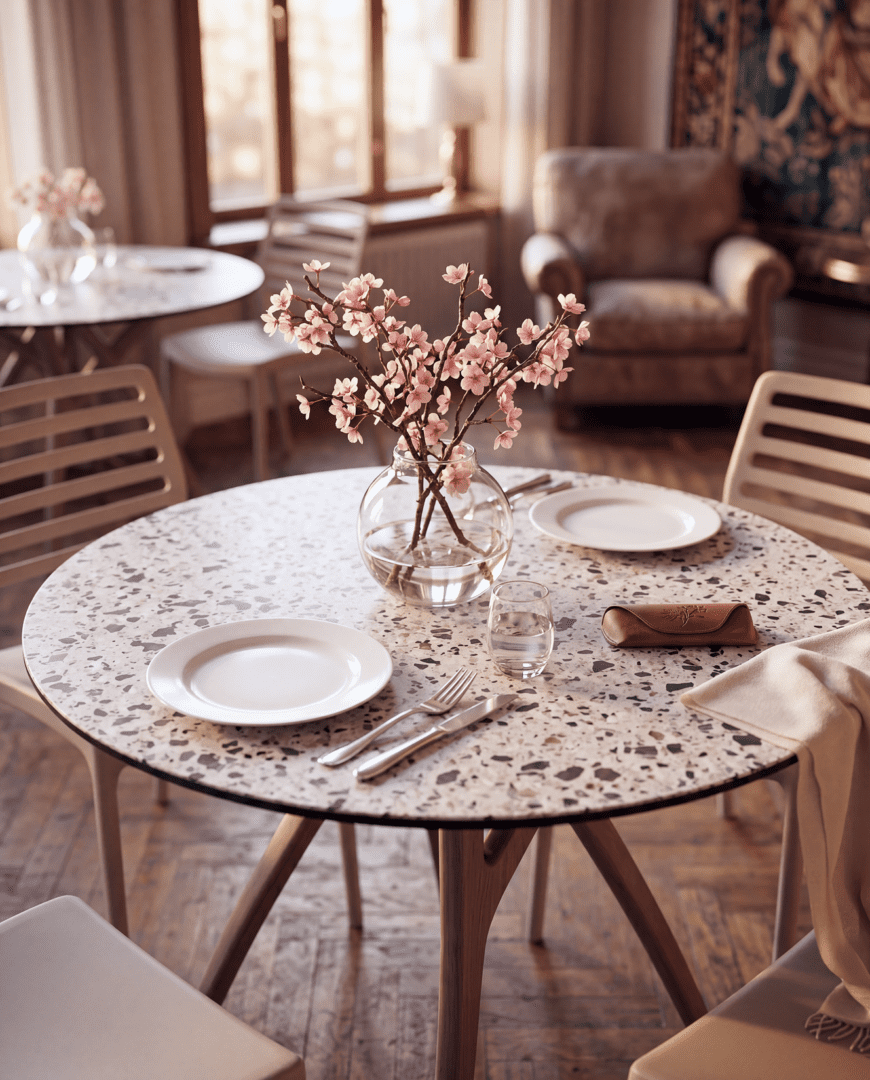 Round hospitality table with a terrazzo-inspired tabletop and wood base, styled in a senior living dining environment with warm natural light and residential-inspired furnishings.