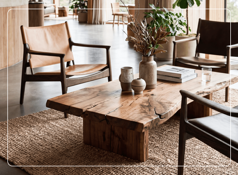 Contemporary hospitality lounge featuring handcrafted wood furniture, organic materials, and natural textures, illustrating the growing trend toward warm, nature-inspired interior design.