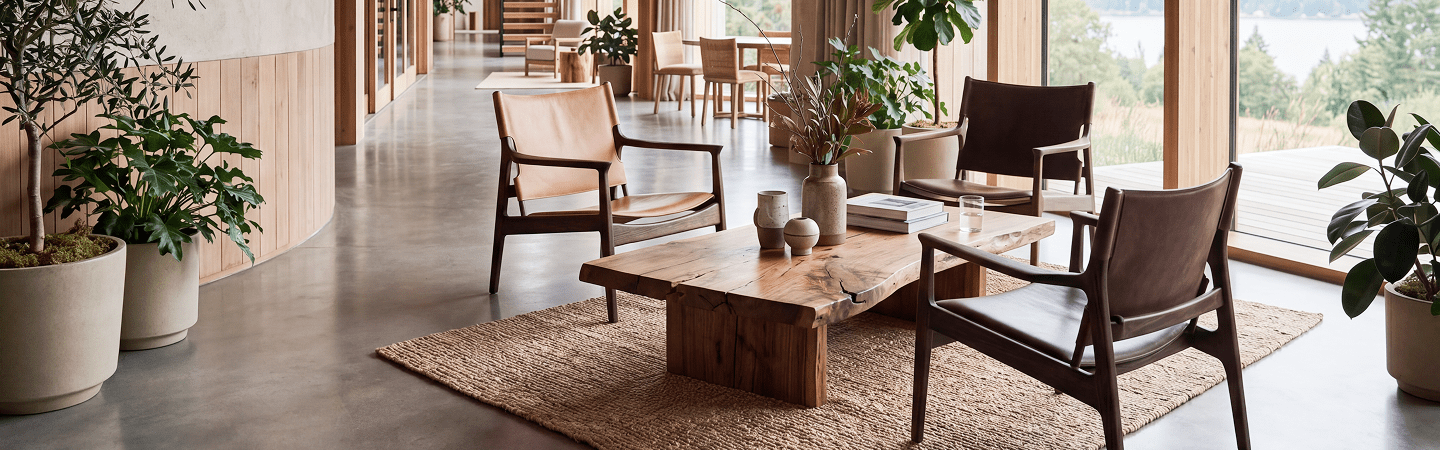 Contemporary hospitality lounge featuring handcrafted wood furniture, leather lounge chairs, natural materials, and floor-to-ceiling windows overlooking a serene landscape.