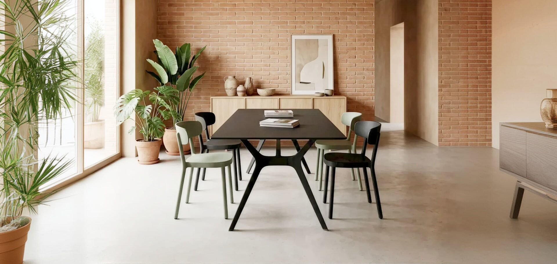 Naturally lit hospitality dining room with dark KECA table, green chairs, and large indoor plants against a warm brick wall